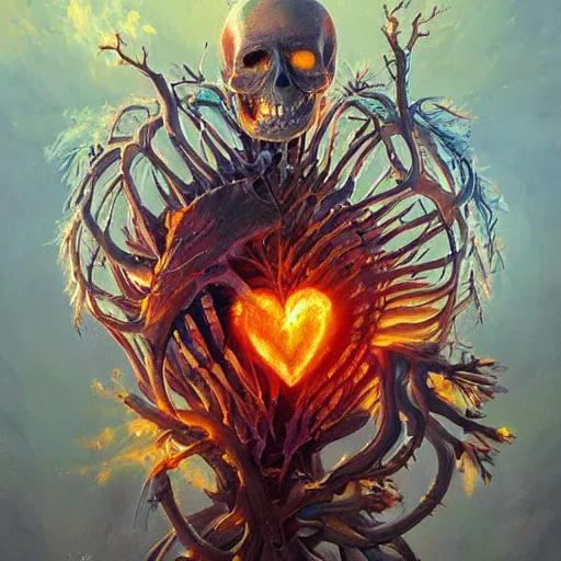 Prompt: a beautiful painting by Grzegorz greg rutkowski and Anato Finnstark of an anatomically correct heart bursting out of an anatomically correct skeletal rib-cage and exploding into rainbows and sunflowers, trending on artstation hq