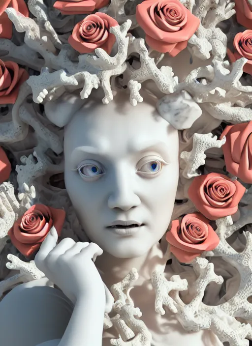 Image similar to biomechanical white marble statue made of corals, daisies, roses, well contoured smooth fair walls spraying perfume bottle, up close shot, sharp focus, global illumination, radiant light, alexandre ferra white mecha, irakli nadar, octane highly render, 4 k, ultra hd,