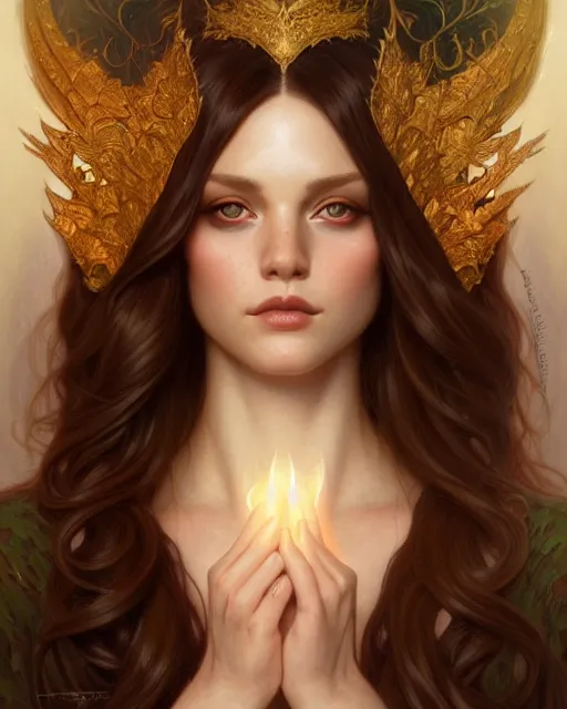 Image similar to symmetry portrait of welsh brunette princess, glam, shadowfire, forest background, intricate, elegant, highly detailed, digital painting, artstation, concept art, smooth, sharp focus, illustration, art by artgerm and greg rutkowski and fra angelico and alphons mucha