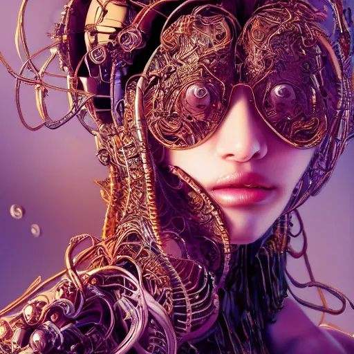 Image similar to the portrait of an absurdly beautiful, graceful, elegant, sophisticated, fashionable cyberpunk gravure idol, an ultrafine hyperdetailed illustration by kim jung gi, irakli nadar, hong june hyung, intricate linework, bright colors, porcelain skin, gold plated, unreal engine 5 highly rendered, iridescent, global illumination, radiant light, detailed and intricate environment