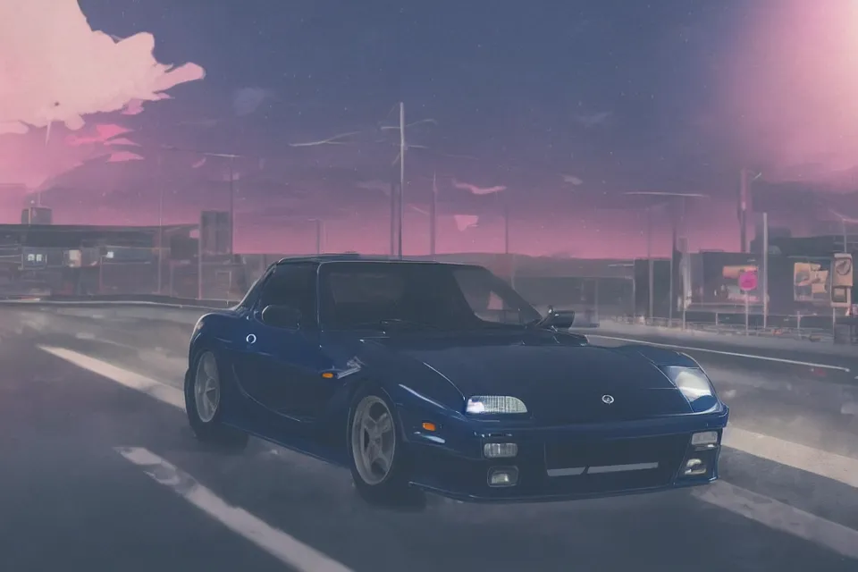 Image similar to aesthetic illustration of ryosuke takahashi with black hair wearing a dark blue shirt standing near white mazda rx 7 on an empty highway at dusk, cinematic lighting, initial d anime 1 0 8 0 p, detailed anime face, high detail, 9 0 s anime aesthetic, volumetric lights, unreal engine 5 render, pinterest wallpaper, trending on artstation