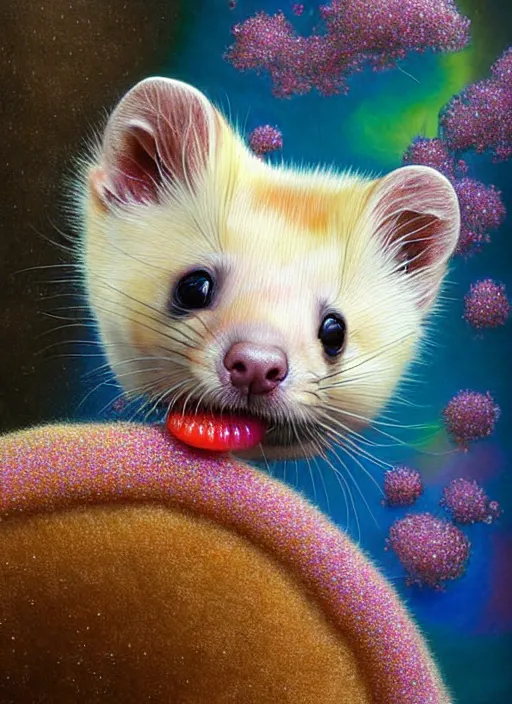 Image similar to hyper detailed 3d render like a Oil painting - kawaii portrait Aurora (blonde calico Sable Ferret) seen Eating of the Strangling network of yellowcake aerochrome and milky Fruit and Her delicate Hands hold of gossamer polyp blossoms bring iridescent fungal flowers whose spores black the foolish stars by Jacek Yerka, Mariusz Lewandowski, Houdini algorithmic generative render, Abstract brush strokes, Masterpiece, Edward Hopper and James Gilleard, Zdzislaw Beksinski, Mark Ryden, Wolfgang Lettl, hints of Yayoi Kasuma, octane render, 8k