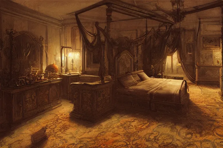 Prompt: bedroom interior, intricate, elegant, highly detailed, john howe, john park, sparth, ruan jia, jeffrey catherine jones