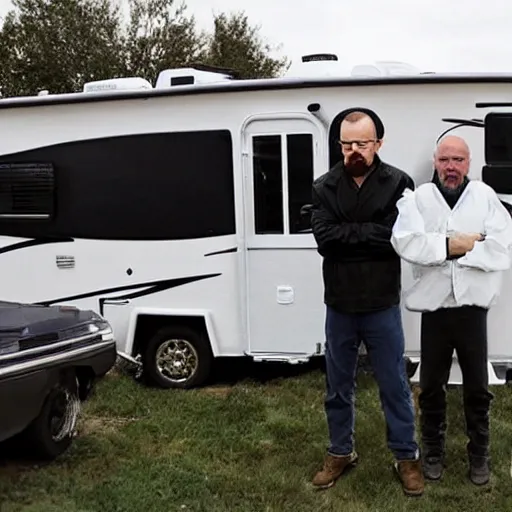 Image similar to walter white and jessie pinkman cooking meth in their rv,