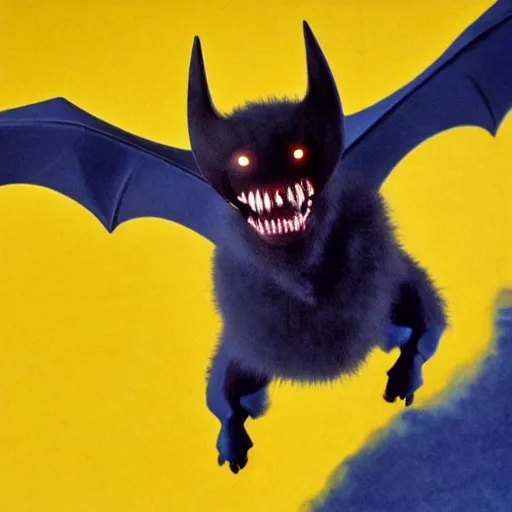 Image similar to CCTV Footage of detailed full body of scary giant mutant dark blue humanoid bat, glowing red eyes flying above a stormy ocean, sharp teeth, acid leaking from mouth, realistic, giant, bat ears, bat nose, bat claws, bat wings, furred, covered in soft fur, detailed, 85mm f/1.4