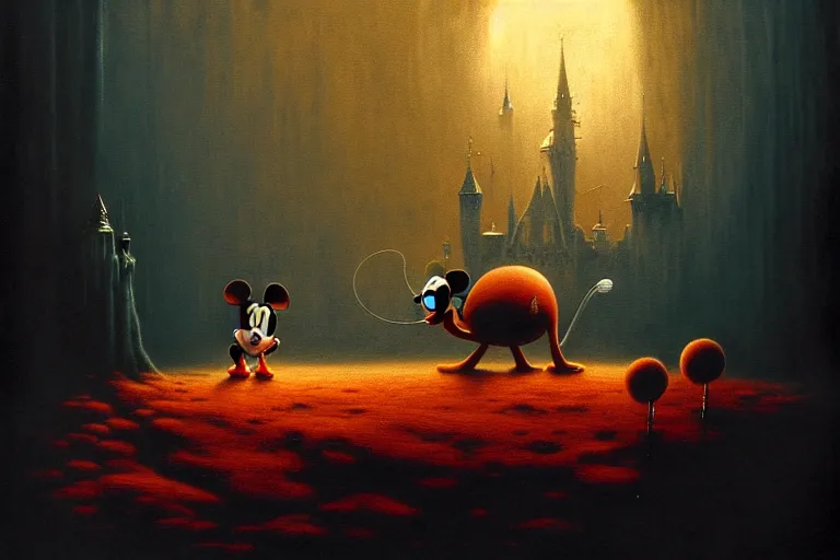 Image similar to life of a mickey mouse, scene features mickey mouse, by zdzislaw beksinski, by dariusz zawadzki, by wayne barlowe, gothic, surrealism, cosmic horror, lovecraftian, cold hue's, warm tone gradient background, concept art, beautiful composition