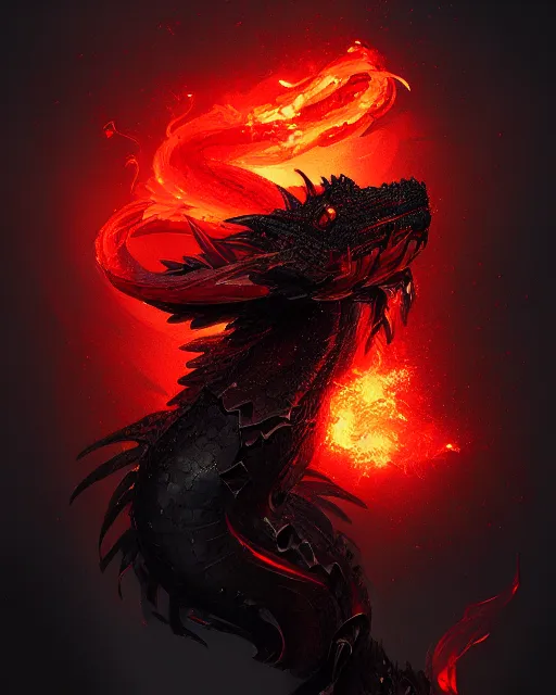 Image similar to black red ink smoke draconic serpent portrait, explosion of flames, tony sart, noir, artstation, ismail inceoglu