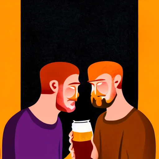 Prompt: two beautiful chad men drinking beers, hearts, friendship, love, sadness, dark ambiance, concept by Godfrey Blow, featured on deviantart, drawing, sots art, lyco art, artwork, photoillustration, poster art