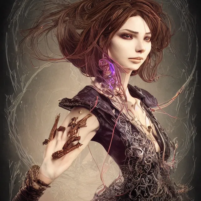 Image similar to the portrait of the lawful evil sorceress lawyer as an absurdly beautiful, graceful, elegant, sophisticated, woman, an ultrafine hyperdetailed illustration by kim jung gi, irakli nadar, intricate linework, bright colors, octopath traveler, final fantasy, unreal engine 5 highly rendered, global illumination, radiant light, detailed and intricate environment