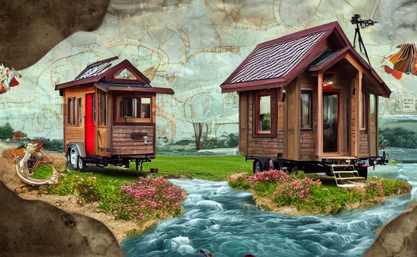 Prompt: hyperdetailed tinyhouse with an open window, seen from the distance. along a maximalist river made of paper and unexpected interesting fabric elements. 8 x 1 6 k hd mixed media 3 d collage in the style of a childrenbook illustration in soft natural tones. delicate and tender. shiny matte background no frame hd