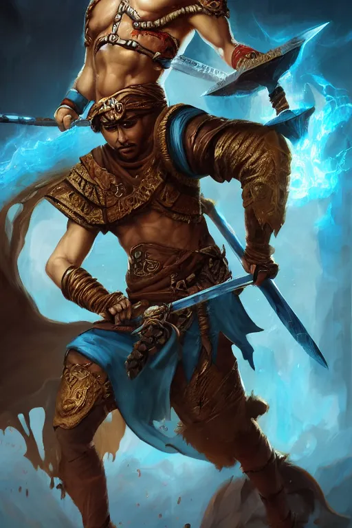 Prompt: ! dream character portrait of ahmad jannati as magic barbarian with a third eye on the forehead and body warpaint, dungeons and dragons cover artwork, dynamic composition, dramatic lighting, trending on artstation, award winning art, stylized painting by sophie anderson, leonardo da vinci and raphael, concept art, 4 k, 8 k, gold and teal color scheme