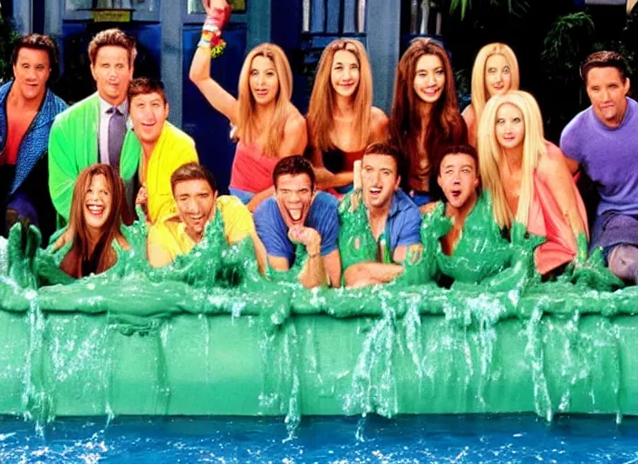 Prompt: the cast of friends getting slimed by nickelodeon