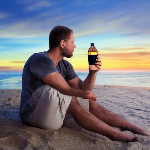 Prompt: a man sitting on the beach, drinking a bottle of bird-dog whiskey at sunset. High detail, 4k