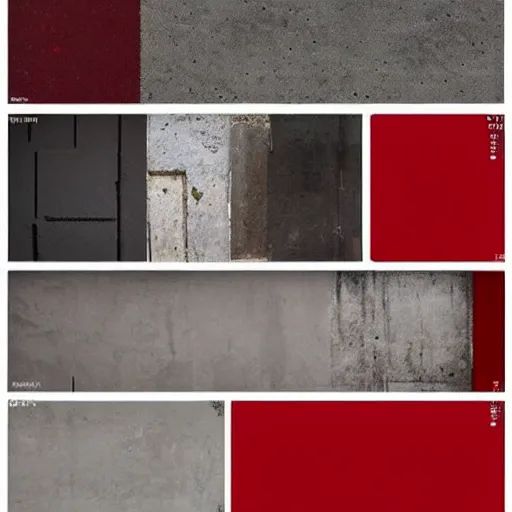 Image similar to material sample board combining concrete, red painted metal, aged oak, plants, dark grey carpet, collage, architectural finishes, pinterest, trendy, expressive, warm, eye catching, interior design, industrial design,