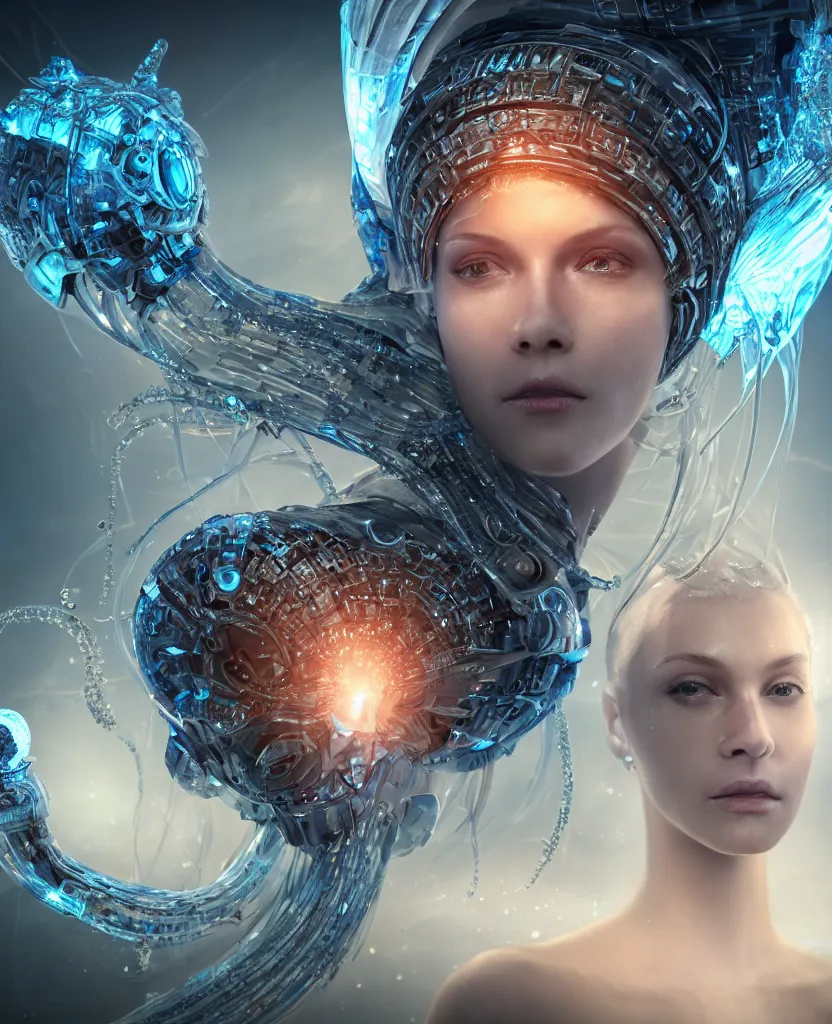 Prompt: epic futuristic ancient close-up macro portrait of the face of a beautiful princess, epic angle and pose, symmetrical artwork, 3d with depth of field, blurred background, cybernetic jellyfish crystal, obsidian, female face skull phoenix bird, translucent, nautilus, energy flows of water and fire. a highly detailed epic cinematic concept art CG render. made in Maya, Blender and Photoshop, octane render, excellent composition, cinematic dystopian brutalist atmosphere, dynamic dramatic cinematic lighting, aesthetic, very inspirational, arthouse. y Greg Rutkowski, Ilya Kuvshinov, WLOP, Stanley Artgerm Lau, Ruan Jia and Fenghua Zhong