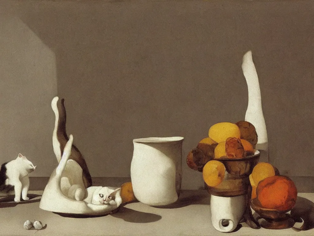 Prompt: Cat breaking white vase, tableware. Still life. Painting by Zurbaran.