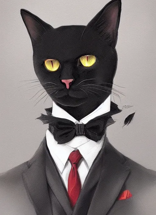 Prompt: portrait of a serious and intelligent black cat! scholar!!! in a retro!!! suit, digital art by artgerm and greg rutkowski