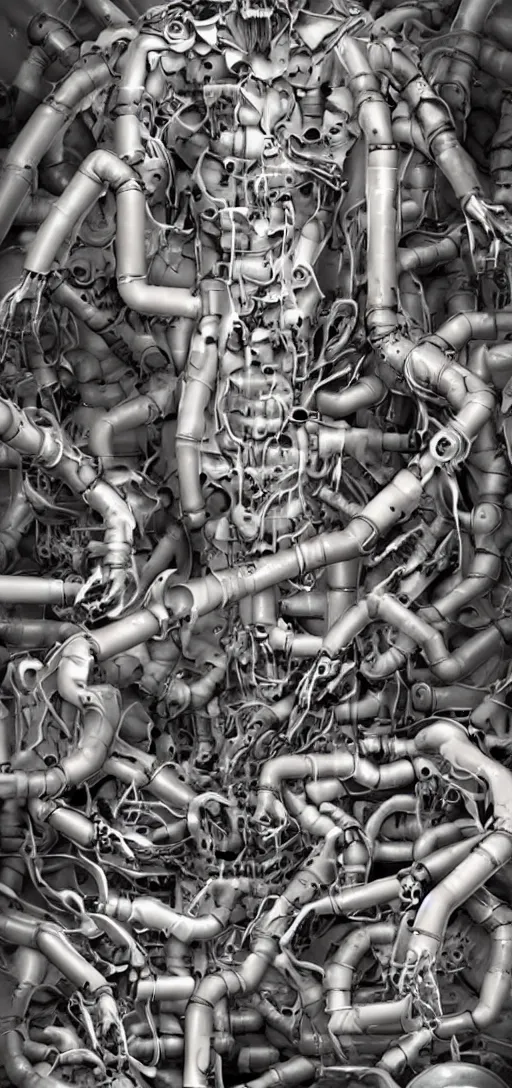 Image similar to a human dissolving into machinery and pipes