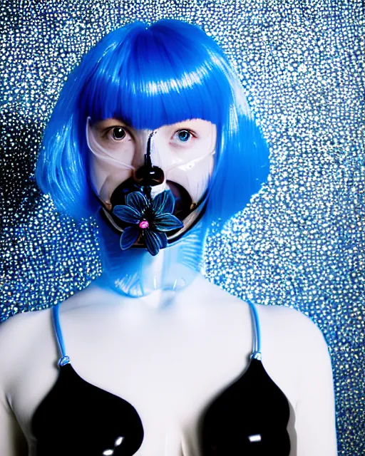 Prompt: symmetrical close - up portrait of a woman wearing a translucent silicone beauty mask and blue hair, wearing a black bodysuit by alexander mcqueen, standing in a room full of plastic translucent flowers, black background, soft diffused light, biotechnology, humanoide robot, bjork aesthetic, translucent, intricate details, highly detailed, masterpiece,