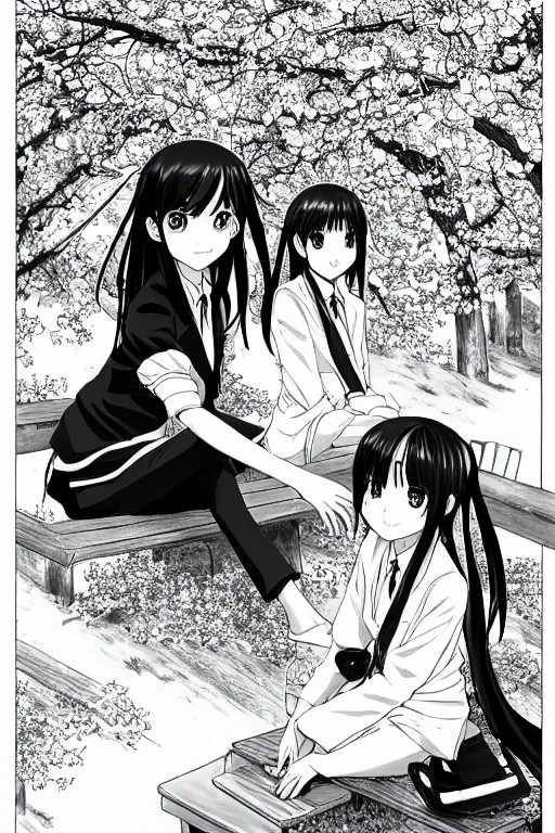 Prompt: black and white manga page, highly detailed pen, shoujo romance, two girls, first girl with long dark hair in sailor uniform, second girl with short light hair in pant suit, sitting on bench, cherry blossom tree in background with petals floating, drawn by Atsushi Ohkubo