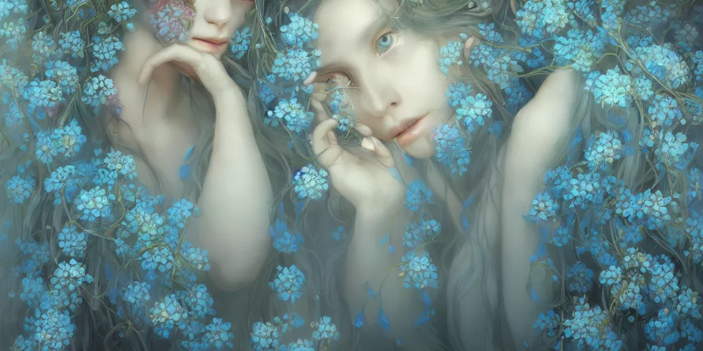 Image similar to breathtaking detailed concept art painting portrait of two hugs goddess of light blue flowers, carroty hair, orthodox saint, with anxious piercing eyes, ornate background, amalgamation of leaves and flowers, by hsiao - ron cheng, extremely moody lighting, 8 k