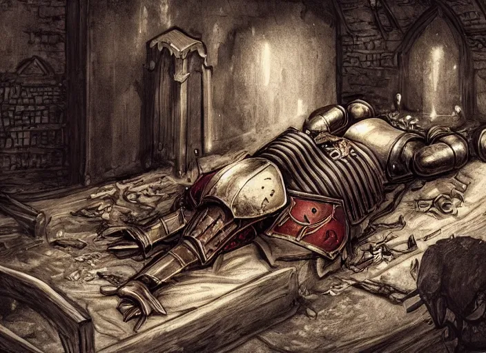 Image similar to a beautiful composition detailed photograph of a dead poisoned armored knight paladin lying in a wooden bed in a cell in a dungeon. strong knight. wooden bed. a rat looking the corpse