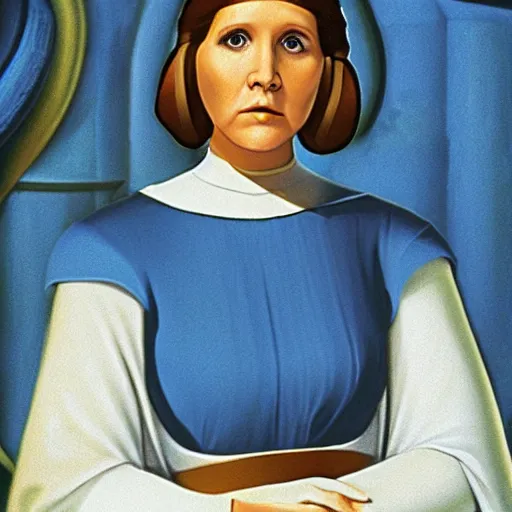 Image similar to young carrie fisher as princess leia, portrait by fra angelico