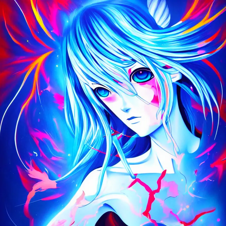 Image similar to abstract expressionism painting of a stunning anime goddess of light + blue eyes + blak glowing flowers, colorful atoms, misty, artwork by [ xsullo ]. trending on artstation