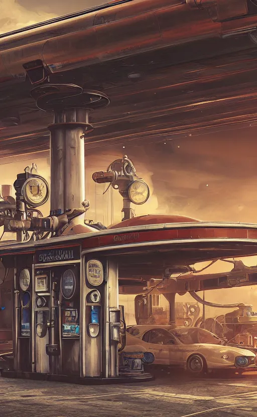 Image similar to steampunk gas station in space, concept art, polished, realistic, hard edges, zoomed in, very coherent, sharp focus, rim light, exquisite lighting, blue gradient, hard edges, sci - fi, cinematic, octane render