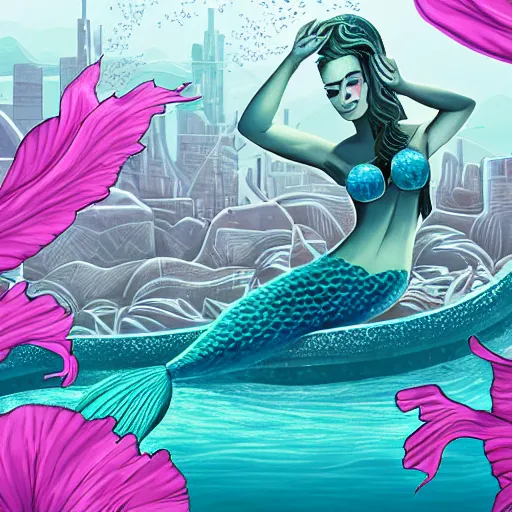 Image similar to photo of a mermaid swimming past a futuristic underwater city