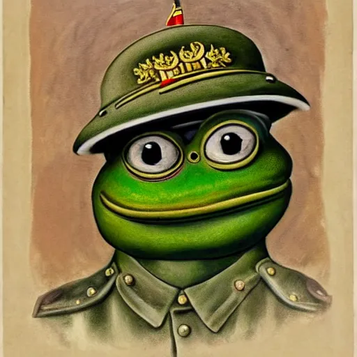 Image similar to pepe the frog in ww 1 military parade, schirmmutzen, pickelhaube, expressive oil painting in style of sandro botticelli and leonardo da vinci, uncropped