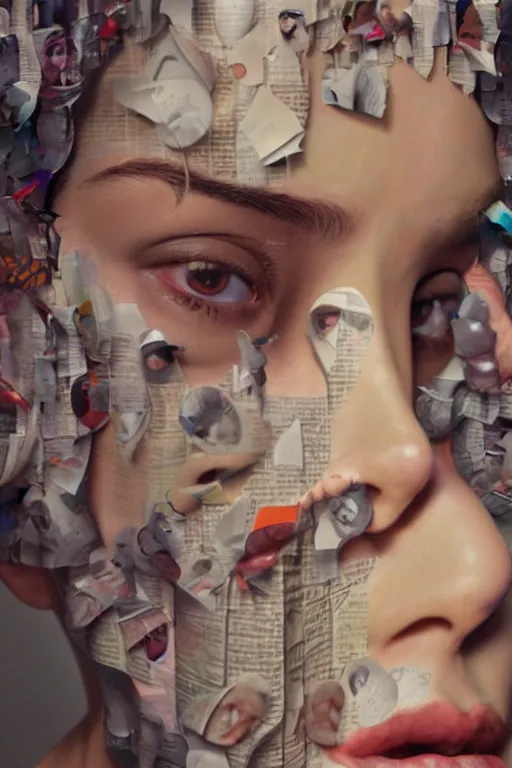 Prompt: 3 d, close - up, fashion model, newspaper, tears, poster art, intricate oil painting, high detail, figurative art, multiple exposure, poster art, 3 d, by stanley kubrick and tooth wu and wlop and beeple