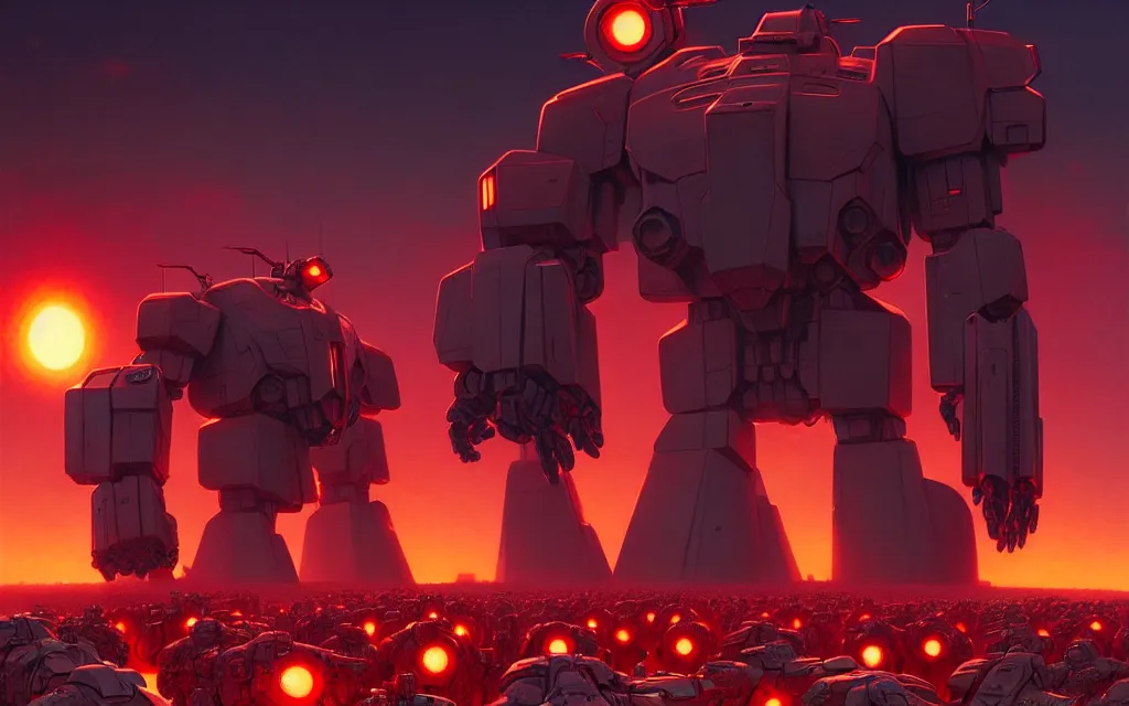 Prompt: a cinematic scene of marching red colossal mechs going to war by moebius and stephan martiniere and dan mumford, trending on artstation, digital art, 4 k resolution, detailed, high quality, sharp focus, hq artwork, insane detail, cinematic, volumetric lighting, dramatic lighting, epic light, cinematic aesthetic