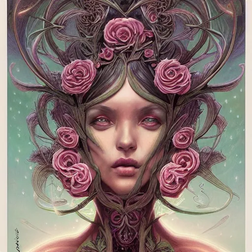 Prompt: a beautiful detailed front view portrait of a woman with ornate growing around morphing, ornamentation, flowers, elegant, beautifully lit, by wayne barlowe, peter mohrbacher, kelly mckernan,