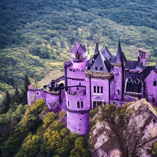 Prompt: dark gothic castle on an high mountain near the ocean. gradient purple sky. aerial photography, flintlock fantasy