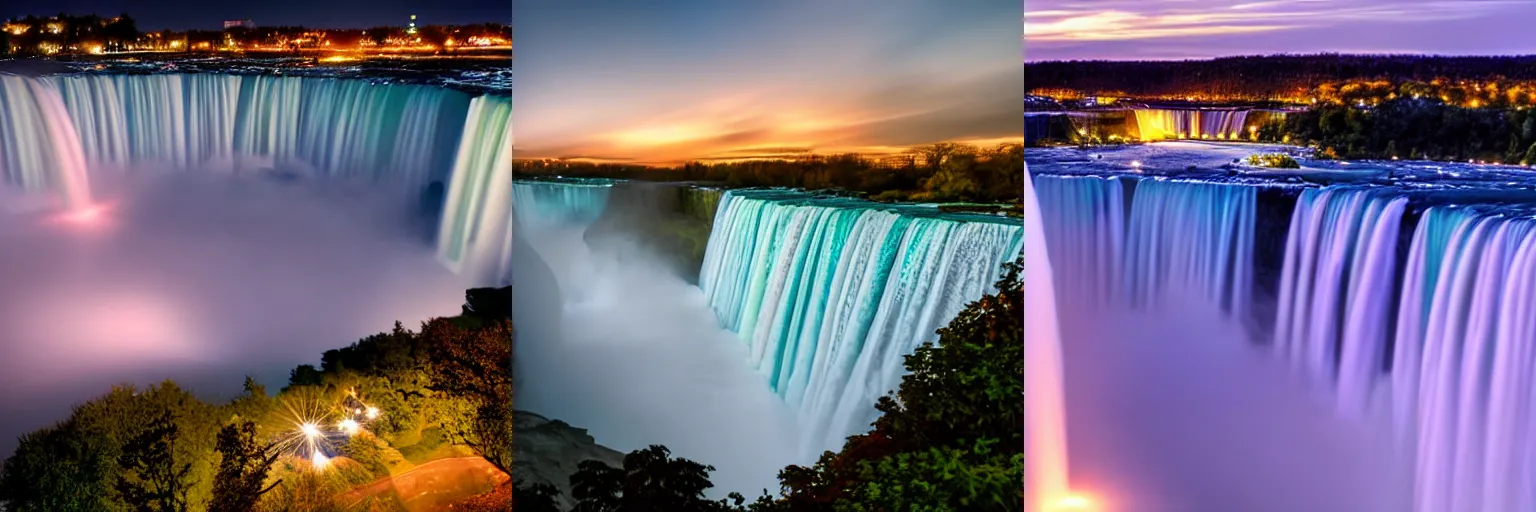 Prompt: Niagara falls huge waterfall at night in the style of Thomas Heaton