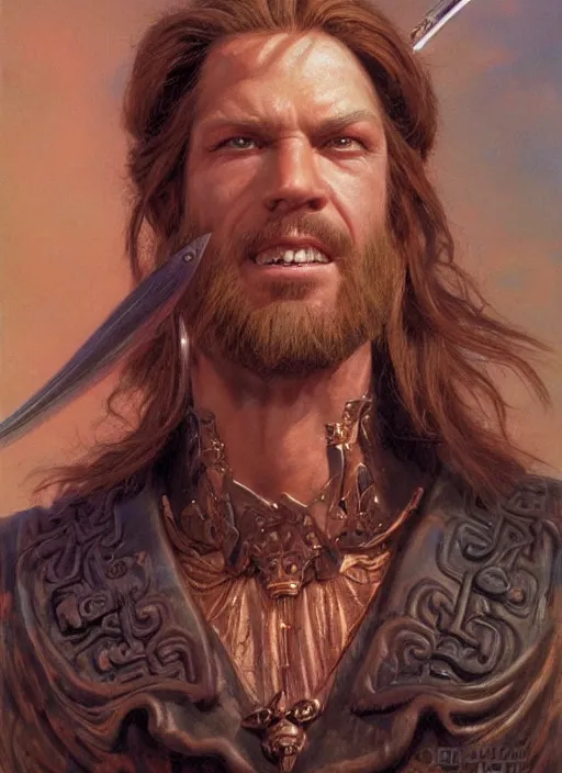 Prompt: a hyperrealistic and detailed paintbrush portrait of a male fantasy character, art by donato giancola and bayard wu and gustav moreau and wayne barlowe, rpg portrait, conan, krull, 8 0's fantasy movies