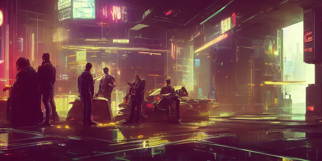 Prompt: six artists having a private meeting in a virtual secured metaverse room, holograms, funtime corporation branding, by greg rutkowski, cyberpunk 2 0 4 8, blade runner 2 0 9 9, 4 k, ominous, elegant, golden ratio, awe inspiring