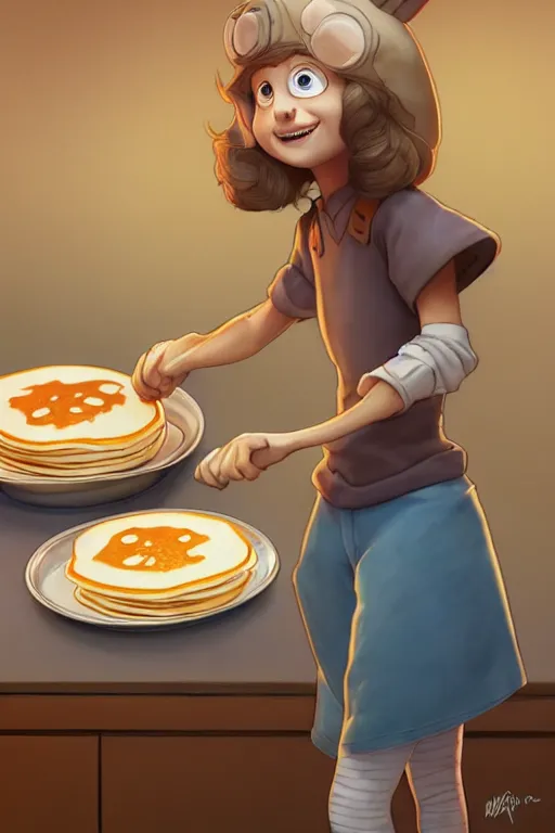 Image similar to millie brown making pancakes, animation pixar style, by pendleton ward, magali villeneuve, artgerm, rob rey and kentaro miura style, golden ratio, trending on art station