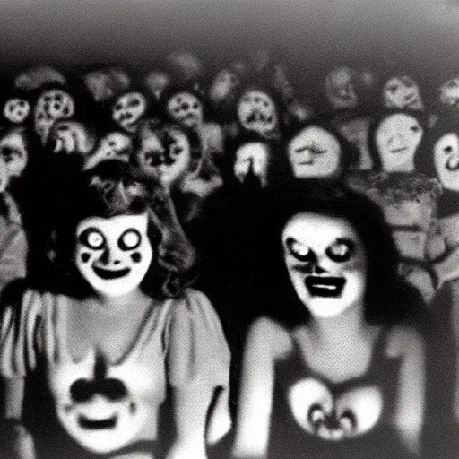 Image similar to audience smiling to the stage, creepy, eyes glowing, vintage, 8 mm, found footage