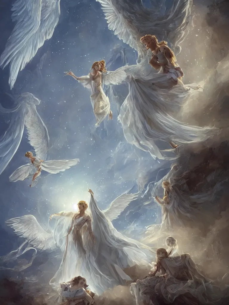 Image similar to angels, beautiful light, wings, by disney concept artists, blunt borders, rule of thirds