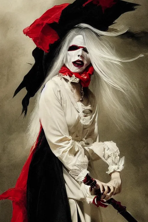 Image similar to a vampire with long light white hair and a red scarf, wearing a black mask over her mouth, windy, ribbons, melancholic, modern maximalist fashion dress, is ( ( holding a sword ) ). light dust, magnificent, hyperdetailed, theatrical, painted by jean honore fragonard and greg rutkowski