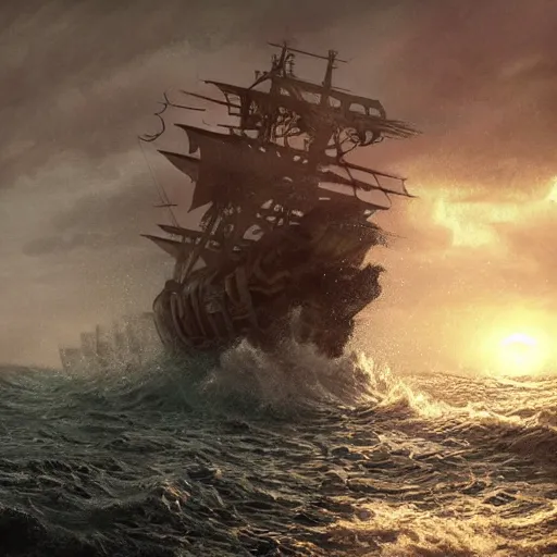 Image similar to cinematic shot pirate ship sinking after being attacked by the kraken rain waves sunset digital painting, artstation, concept art, soft light, hdri, smooth, sharp focus, illustration, fantasy, intricate, elegant, highly detailed, D&D, matte painting, in the style of Greg Rutkowski and Alphonse Mucha and artemisia, 8k, highly detailed, jurgens, rutkowski, bouguereau, pastoral, rustic, georgic