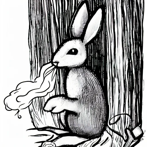 Prompt: black - and - white line art illustration of a rabbit deep in a tangled forest, smoking a cigarette, with smoke rising, whimsical masterpiece