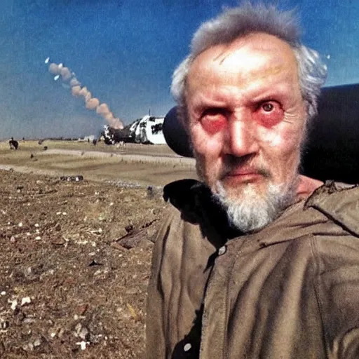 Image similar to last selfie of last alive funny scared ukrainian very damaged body to bones, bleeding crawling from nuclear rockets and nuke explossions, big nuclear explosion and nuke missles at background getting close,