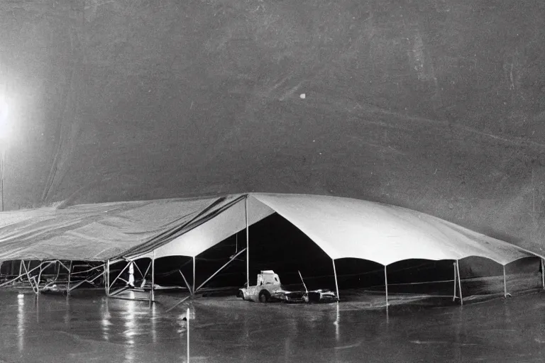 Prompt: photo of a floating alien spaceship in a top secret hanger under a large tarpaulin, tethered to the ground, flood lighting, military personnel surrounding.