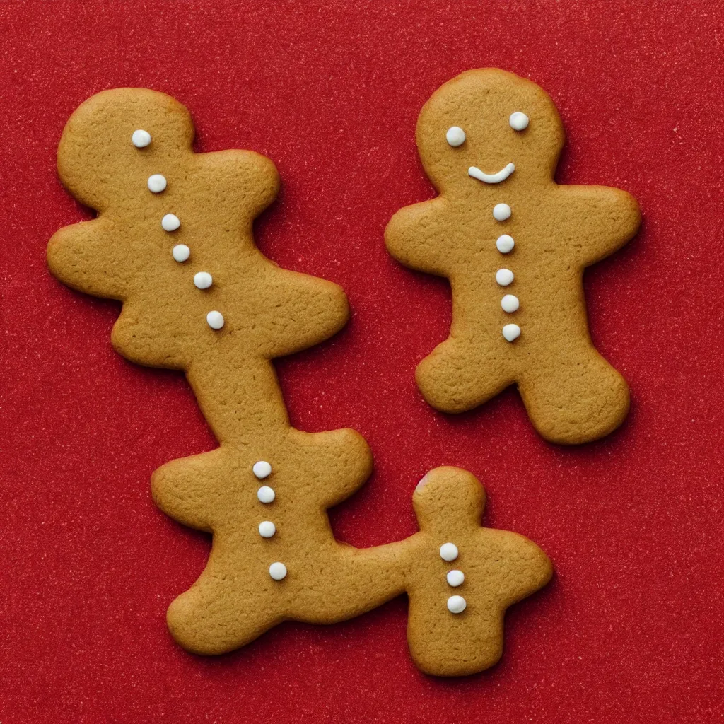 Image similar to top-down view of a cute gingerbread man on top of a red surface, 8k, high detail, photorealistic, proper shading