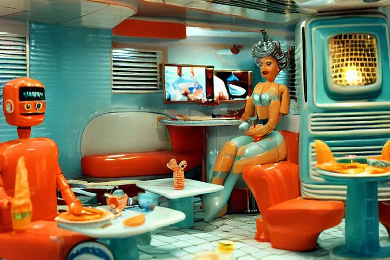 Prompt: robot mermaid sitting in a googie diner made of porcelain, from 1986, bathed in the glow of a crt television, tv screens in background, low-light photograph, in style of terry richardson