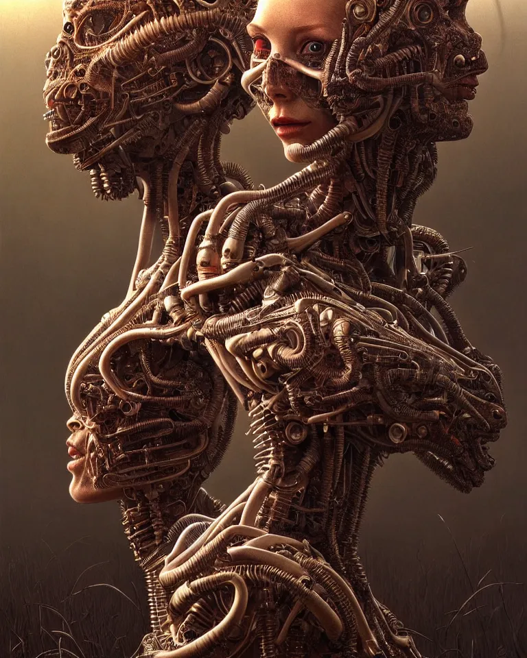 Prompt: ultra realist intricate detailed portrait of an attractive female turning into a cyborg in an alien landscape, insanity, accurate features, apocalyptic, very intricate details, 8 k resolution, dim lighting, volumetric lighting, artstyle, zdzisław beksinski and keith thompson, award winning