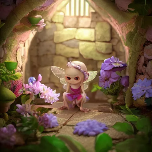 Image similar to a tiny cute fairy in a flower house, beautiful face, large eyes, cute, adorable, volumetric light, octane render, trending on artstation